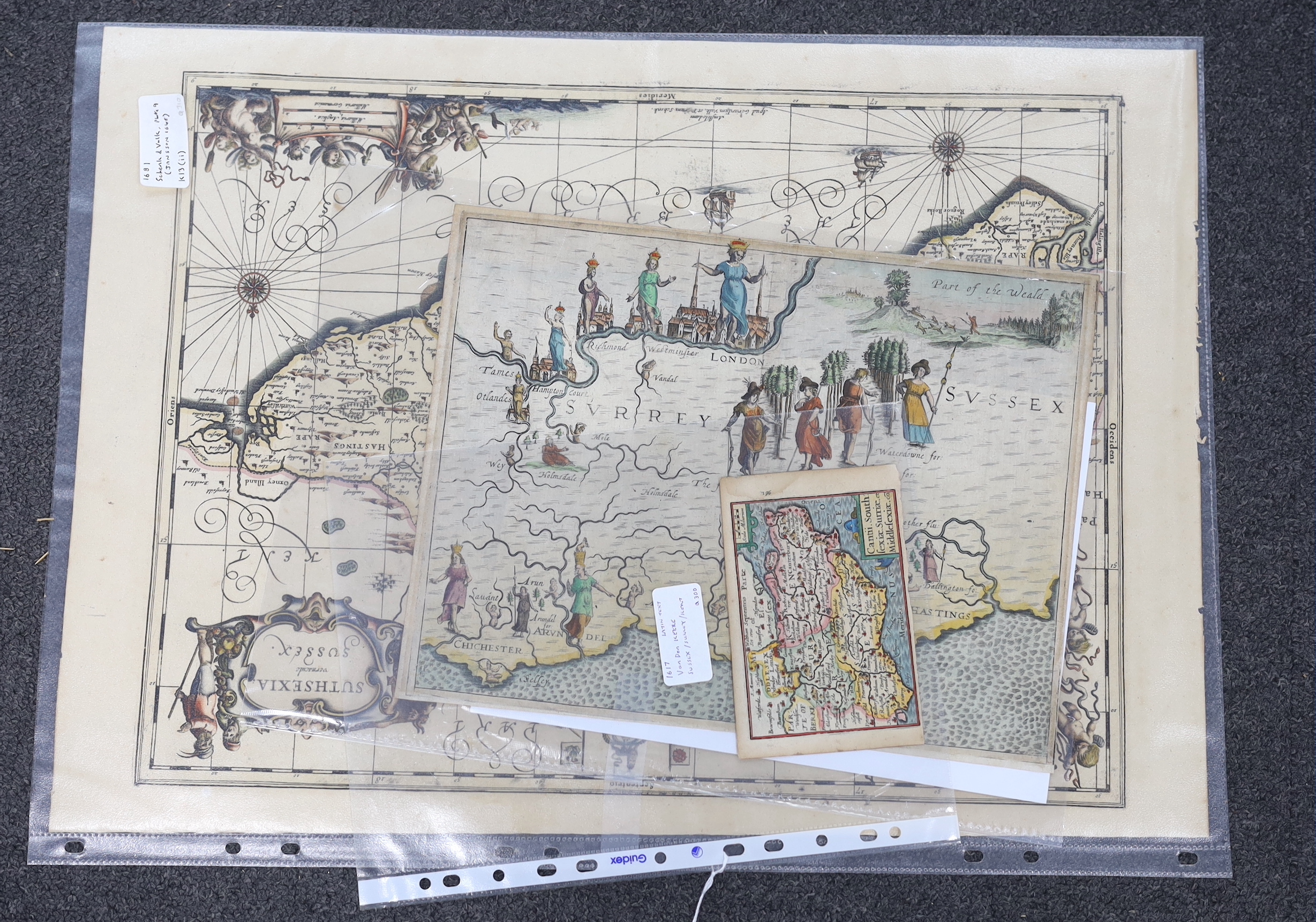 Three unframed 17th century maps of Sussex; a Pieter Van Den Keere map, 9 x 14cm, a Michael Drayton map, 26 x 34cm and a Valk & Schenk map, 37 x 54cm